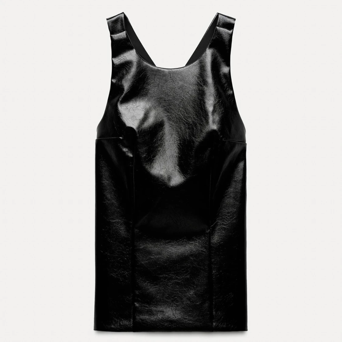 Svart zara topp i skinnimitation med korsade axelband och öppen rygg