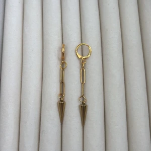 Guldpläterade örhängen med kedja och kon - Säljer ett par trendiga örhängen i guldpläterad metall med lång kedja och spetsig konformad detalj längst ner. Perfekta för dig som gillar unika och stilrena accessoarer.