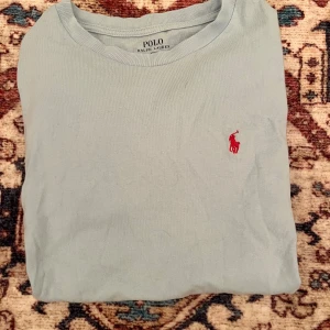 Ljusblå tröja från Polo Ralph Lauren - Säljer en ljusblå tröja från Polo Ralph Lauren med klassisk röd broderad logga på bröstet. Tröjan har rund halsringning och är tillverkad i mjuk bomull. Perfekt för en stilren och avslappnad look.