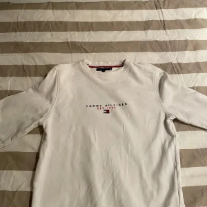 Vit sweatshirt från Tommy Hilfiger - Vit sweatshirt från Tommy Hilfiger med broderad logga och text på bröstet. Klassisk rund halsringning och långa ärmar. Perfekt för en clean och stilren look. Materialet känns mjukt och bekvämt mot huden.