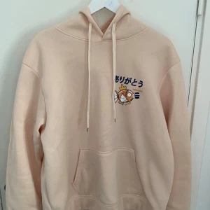 Beige Pokémon hoodie - Säljer en beige hoodie med japansk text och Magikarp-tryck både fram och bak. Hoodien har stor ficka framtill, snörning vid huvan och coola illustrationer med ramen och fisktema. Perfekt för dig som gillar anime och streetwear.