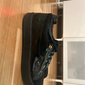 Svarta sneakers från Giuseppe Zanotti - Snygga svarta sneakers från Giuseppe Zanotti med både mocka och lackdetaljer. Skorna har guldfärgade dragkedjor på sidorna, svarta snören och en platt sula. Ikonisk logga på plösen och insidan. Perfekta för dig som gillar statement-detaljer.
