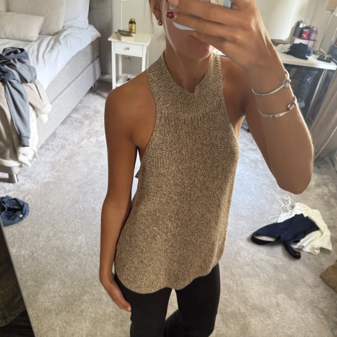 Beige stickad ärmlös halterneck topp - 2