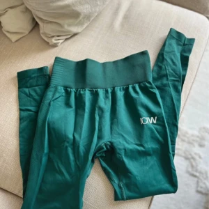 Gröna seamless tights från ICANIWILL - Säljer ett par gröna seamless tights från ICANIWILL med hög midja och ribbad linning. Perfekta för träning och sitter riktigt skönt. Tightsen har en diskret logga på låret och är stretchiga i materialet.