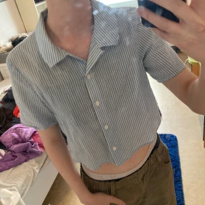 Blåvit croppad skjorta från H&M Divided - Säljer en croppad skjorta från H&M Divided i storlek XS. Skjortan är blå med vita smala ränder, har korta ärmar, klassisk krage och knappar framtill. 