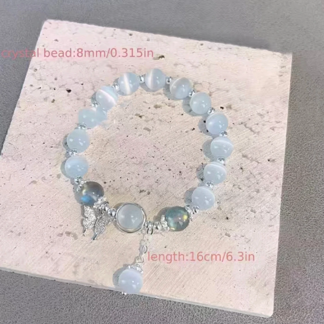 1 St Söt Glas Kattöga Sten Fjärilshänge Pärlarmband, Grått Månsken Stort 8 Mm Handsnöre, Trendig Smyckespresent För Tjejer - 90