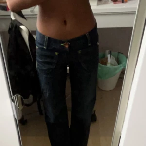Lågmidjade jeans från miss sixty  - Lågmidjade jeans från miss sixty som jag har köpt från sellpy. De har snygga gröna sömmar och har inga defekter. Andra bilden är färgen på jeansen💖 Använd gärna köp nu funktionen!