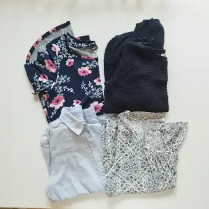 Klädpaket i storlek M.  Innehåller: -Stickad tröja, Agnes Collection (st M) -Skjorta, H&M (st 40) -Blommig T-shirt, Gina Tricot (st M) -Vit/Blå blus, Lager 157 (st M)
