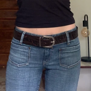 Brunt skärp - Långt skärp i lite ormskinnsmönster och med ett silverspänne! Längd ca 100 cm 💕