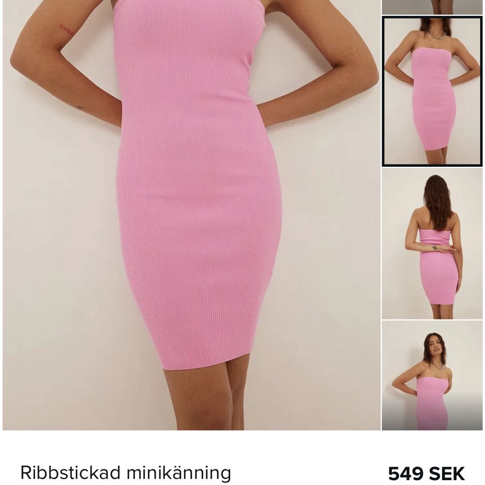 Så fin klänning från NAKD, använd vid ett tillfälle. Mer rosa än vad som upplevs på bilderna!! Ribbat lite stretchigt material🥰. Klänningar.