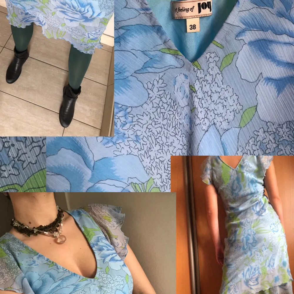 Ljusblå, drömmig, blommig, vintage y2k klänning! Väldigt fint skick, lätt material. Storlek 38, figursydd och faller fint. Från Joy. ig - @thrifty.sthlm. Klänningar.