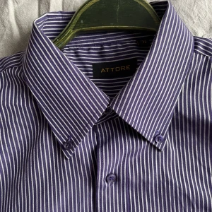 Skjorta randig blåvit L - Button down-skjorta med generös passform, gott skick. Material oklart men troligtvis bomull/polyester-mix.