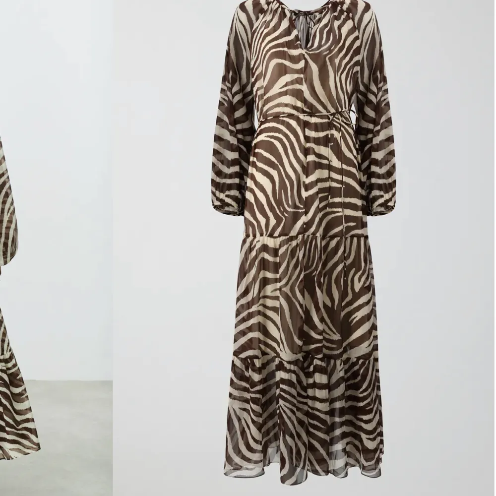Superskön flowig klänning i zebra mönster från Ginatricot, köpt för några veckor sedan enbart och använd 1 gång. Finns en underklänning till🥰Slutsåld på hemsidan! ordinarie pris 499.  Storlek S. 350 + frakt 🌟. Klänningar.