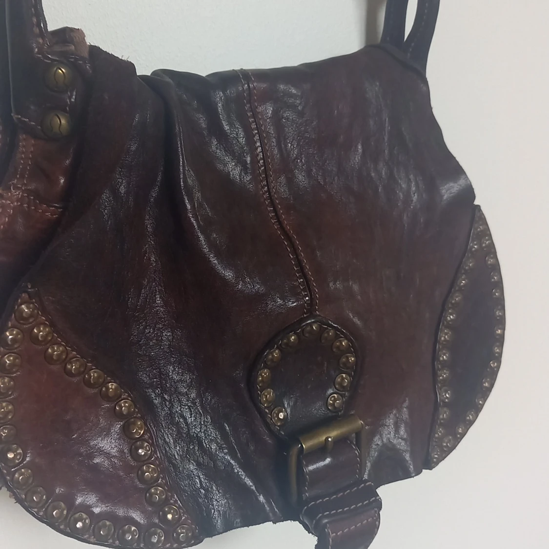 Brown Leather and Studded Crossbody Bag - 90