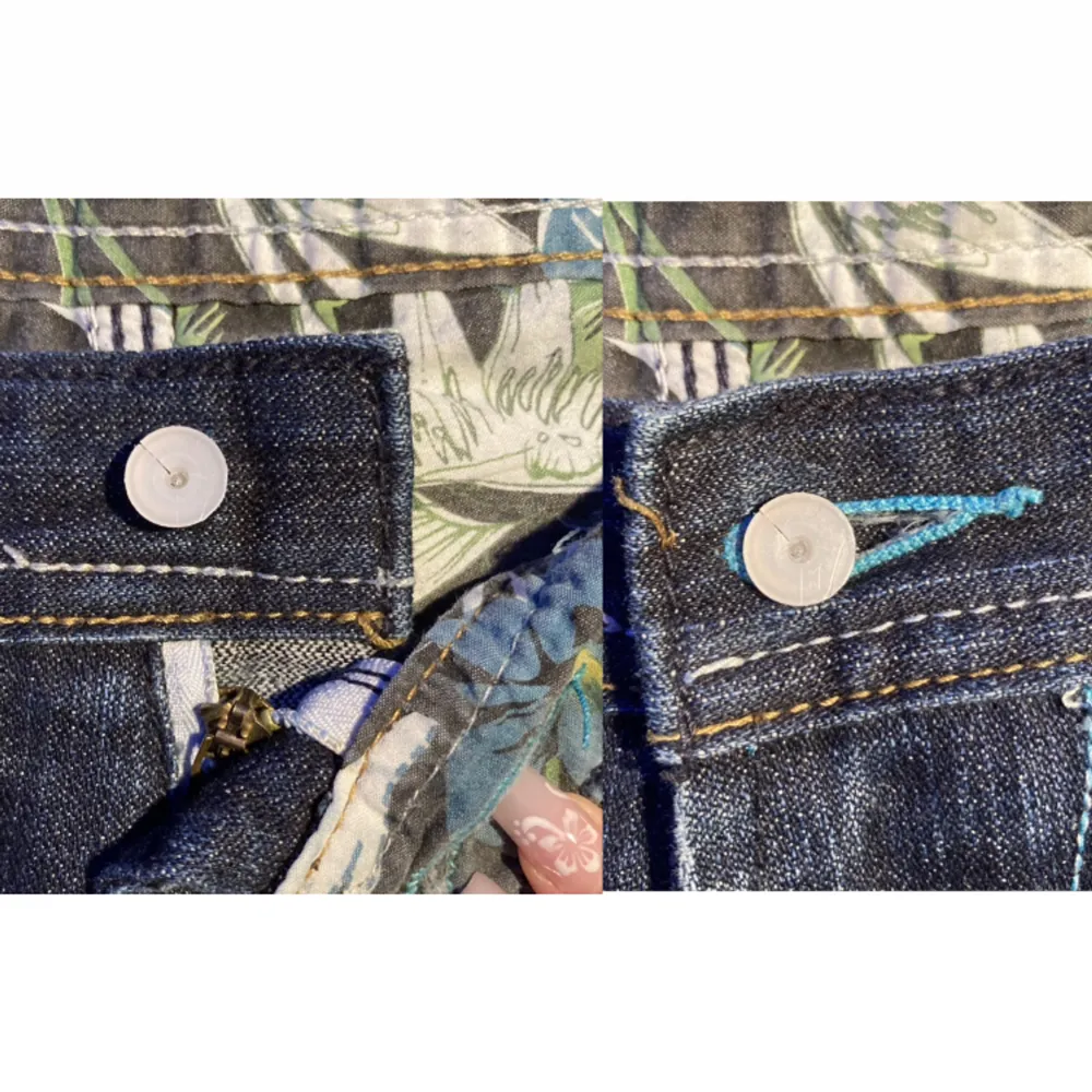 Snygga baggy jeans köpta från plick, använd några gånger men har inga hål eller sånt men knappen har ramlat av(fick dom så) som man ser på bild 3 men fönkar fortfarande. Midjemått raktöver: 45cm. Om man har frågor/vill ha fler bilder skriv ba till mig🙏 . Jeans & Byxor.