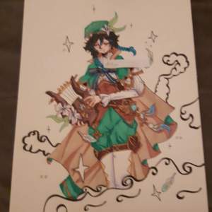 A hand drawn drawing of Venti from genshin impact with great detail made on quality paper! Please before complaining on the price keep in mind i spent 7-8h on this drawing+the cost of paper and materials! Please contact me if u have questions!