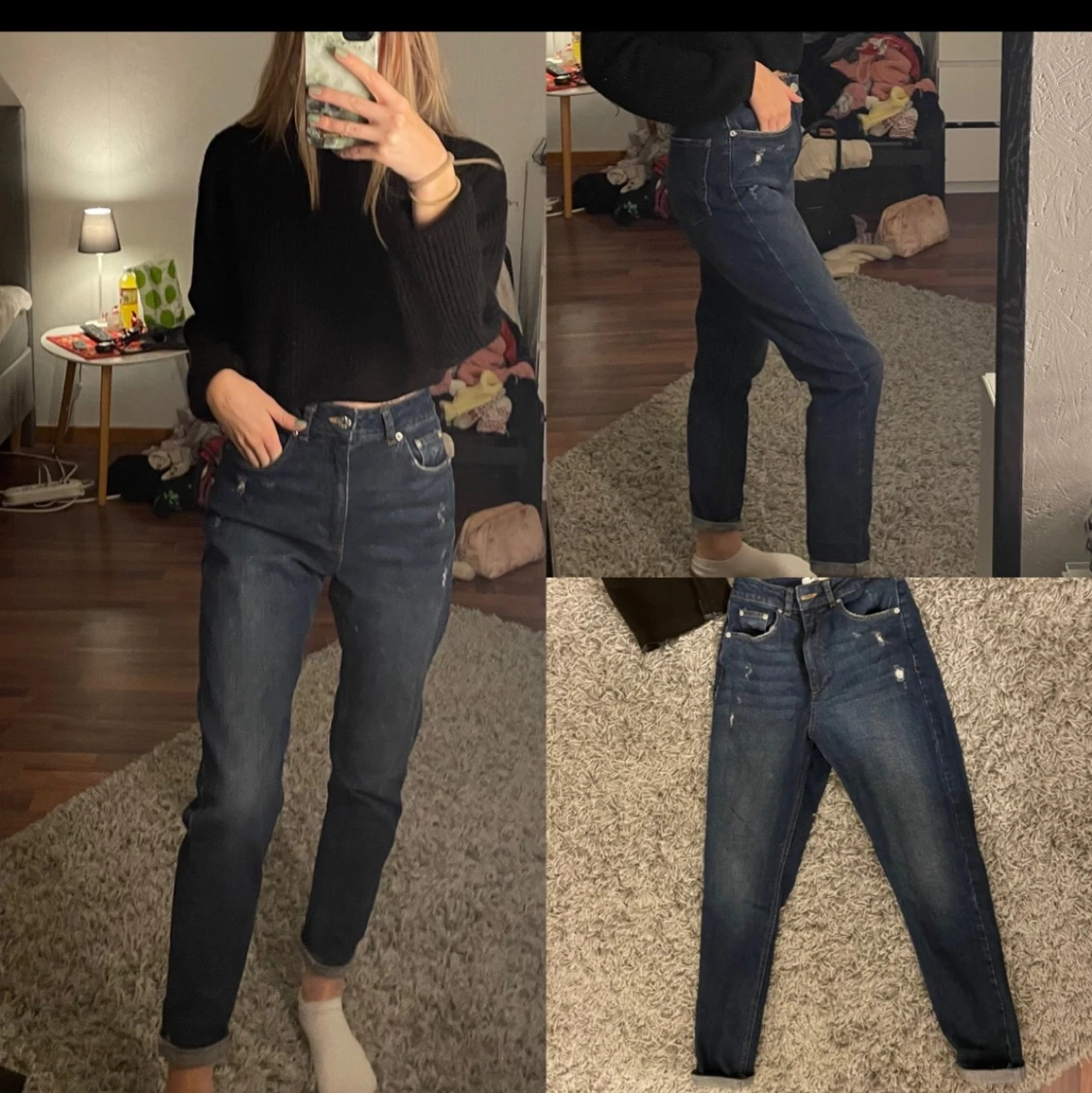 Blå lite lite slitna jeans.  - 91