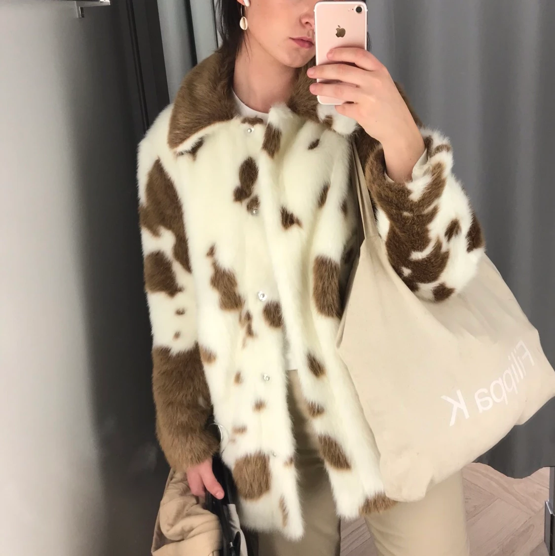 H&M faux fur cow print jacket oversized  - 90