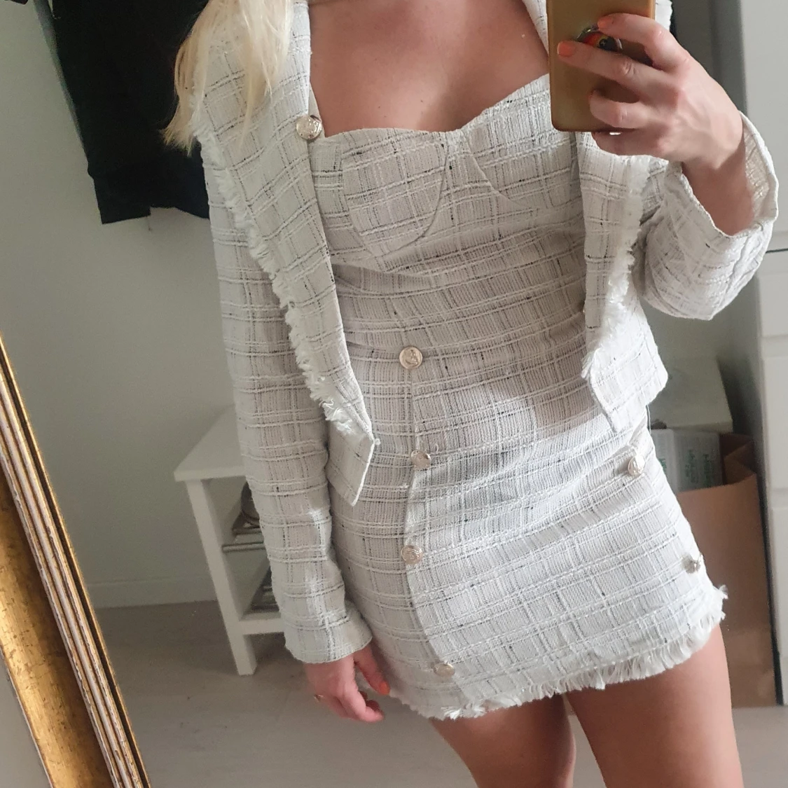 YOINS Tweed Plaid Button Design Top & Mini Dress Set, oanvänd  - 90