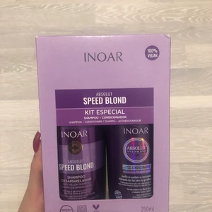 Inoar speed blond - Inoar speedblond som aldrig kom till användning då jag färgade tillbaks håret svart!!  Olika typer av hår: Blont, blekt och grått  Eliminerar GULA toner!  Gör håret mjukt, smidigt och tillför intensiv lyster. Formulan innehåller argan oil och Korrigerar färgen utan att torka ut håret.  Innehåller aktiva antioxidanter