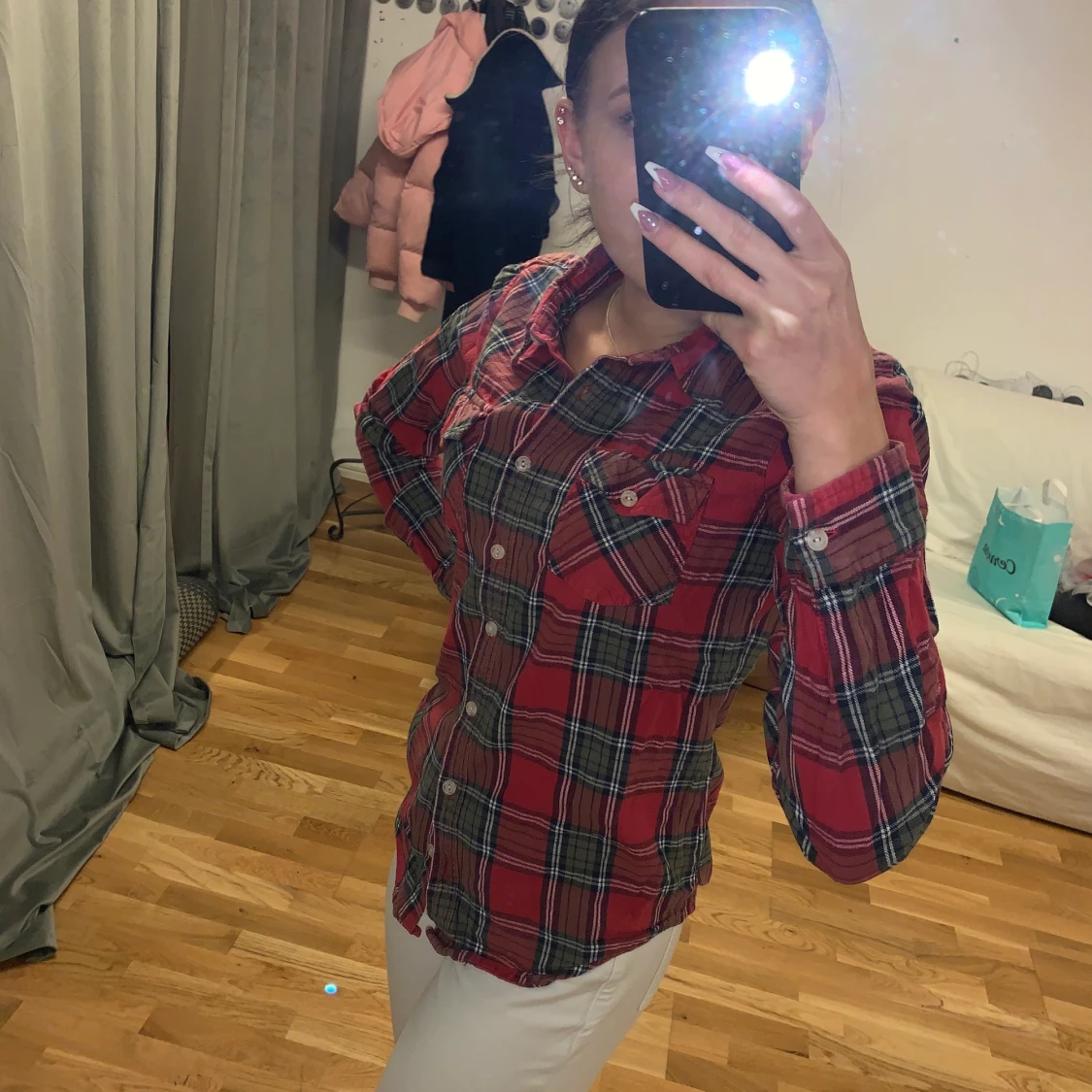 Rutig långärmad shorta - 90