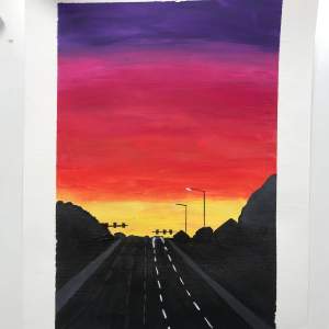 Min tavla som jag har målat som visar solnedgången på en väg