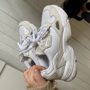 Adidas Falcon vita strl 38 - Fina vita Falcon sneakers från Adidas, använda tre gånger, väldigt fint skick, men fläck på insidan av bakkappan, annars inget att anmärka på. Inte testat att ta bort så kan försvinna. Skriv för fler bilder. Nypris 1099kr.