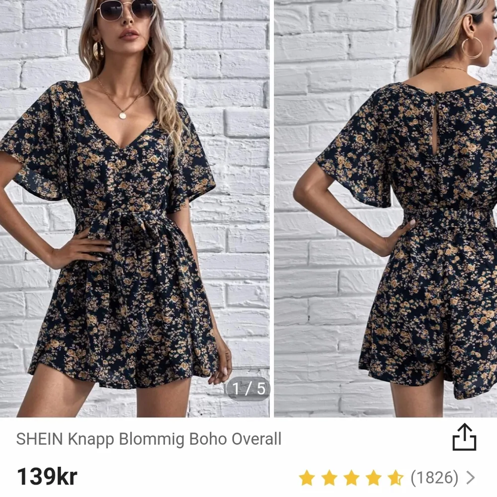 En blommig jumpsuit/playsuit från Shein som var lite för stor för mig, helt ny och oanvänd. Den är i xs men skulle säga att den är mer som en S. Köpare väljer och betalar frakt, rekommenderar postnords S påse. Klänningar.