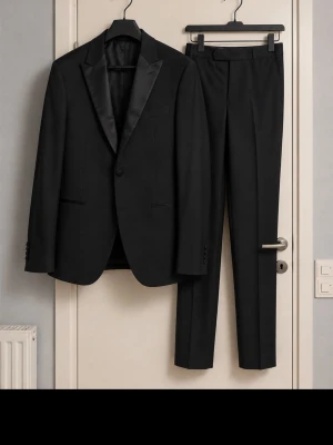 Svart kostym från Premium Selection - Stilren svart kostym från Premium Selection med klassisk kavaj och matchande byxor. Kavajen har slimmad passform, spetsiga slag i satin och två knappar framtill. Perfekt för dig som vill ha en tidlös och elegant look. Prislapp kvar i byxorna, helt oanvänd 