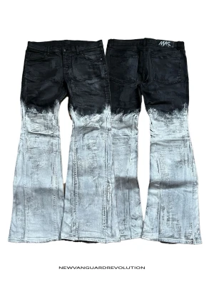 nvr flare wax custom jeans - @newvanguardrevolution  1-of-1 denim. Handmade in Stockholm from reclaimed materials. No restocks. No repeats. Available on Vinted & Plick, or via Instagram DMs.  Measurements Waist (A): 42cm Thigh (B): 23cm Leg Opening (C): 25cm Inseam (D): 78cm Outseam (E): 103cm 