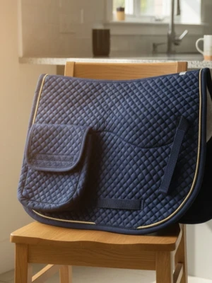 Marinblått schabrak med ficka - Ficka på båda sidor av sadeldynan Kardborrband Generöst storlek för att passa de flesta ändamål, nära kontakt och hoppande sadlar Storlek: 26,5 längd x 45 cm höjd Stor fickstorlek – 25 x 25 cm