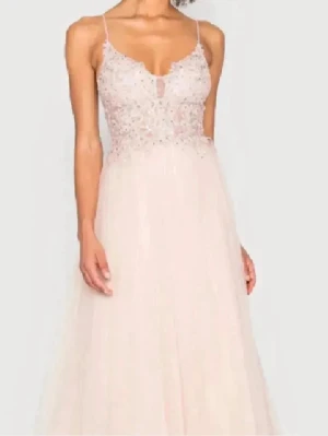 Ljusrosa långklänning med spetsdetaljer - Elegant ljusrosa långklänning med tunna axelband och vacker spets upptill. Klänningen har öppen rygg med dekorativa band och ett skirt, svepande kjolparti. Perfekt för bal eller speciella tillfällen. 500kr för de fina skorna strlk 38