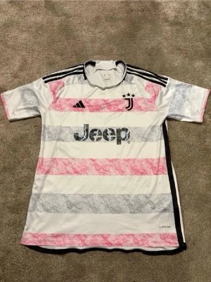 Juventus matchtröja Adidas rosa/vit - Juventus matchtröja från Adidas med breda rosa och gråa ränder på vit botten. Tröjan har svarta detaljer, tre stjärnor och klubbmärke på bröstet samt Jeep-logga framtill. Tillverkad i lätt och ventilerande material, perfekt för fotboll eller träning.