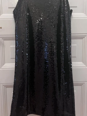 Svart glittrig paljettklänning - Säljer en svart klänning med  svarta paljetter. Klänningen är ärmlös och har en rak, enkel passform som ger en cool och festlig look. Perfekt för dig som vill sticka ut med en glammig stil.