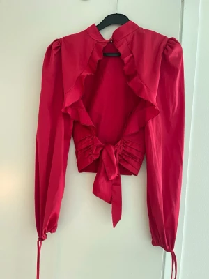 Röd/rosa volangblus med knytband - Röd/rosa blus med volangdetaljer längs öppningen i ryggen och knytband i midjan. Puffiga långärmar med resår och band vid ärmsluten.