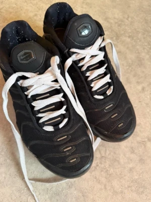 Svarta Nike rn  sneakers med vita snören - Pris ej hugget i sten!!! Säljer ett par svarta Nike tn sneakers med vita skosnören och coola detaljer på ovandelen. Skorna har en sportig siluett, meshmaterial för bra andning och en robust sula. Perfekta för dig som gillar streetwear och vill ha en stilren look.