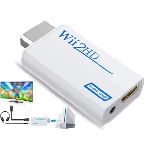 Wii till HDMI-adapter Full HD - Wii2HDMI-adapter som gör det möjligt att koppla din Nintendo Wii till en HDMI-skärm. Ger Full HD 1080p-upplösning och har en kompakt, vit plastdesign med blå text. Enkel att använda, bara plugga in och spela utan extra drivrutiner.