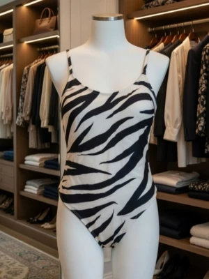 Zebramönstrad baddräkt från H&M. Strlk 44/Large. - Snygg baddräkt i nyskick från H&M med svartvitt zebramönster och smala axelband. Strlk 44/Large. Materialet är mjukt och stretchigt polyester, perfekt för strand eller pool. Modellen har en klassisk form med rundad hals och låg rygg. Supersnygg att matcha med solglasögon och strandväska. Felfri.