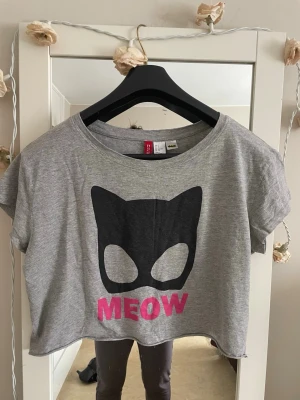 Grå croppad topp med katttryck - Grå croppad topp från H&M med svart kattmask-tryck och texten 'MEOW' i rosa framtill. T-shirten har korta ärmar och rund halsringning. Perfekt för dig som gillar kattmotiv och vill ha en avslappnad, trendig stil.det mag topp i storlek smal 
