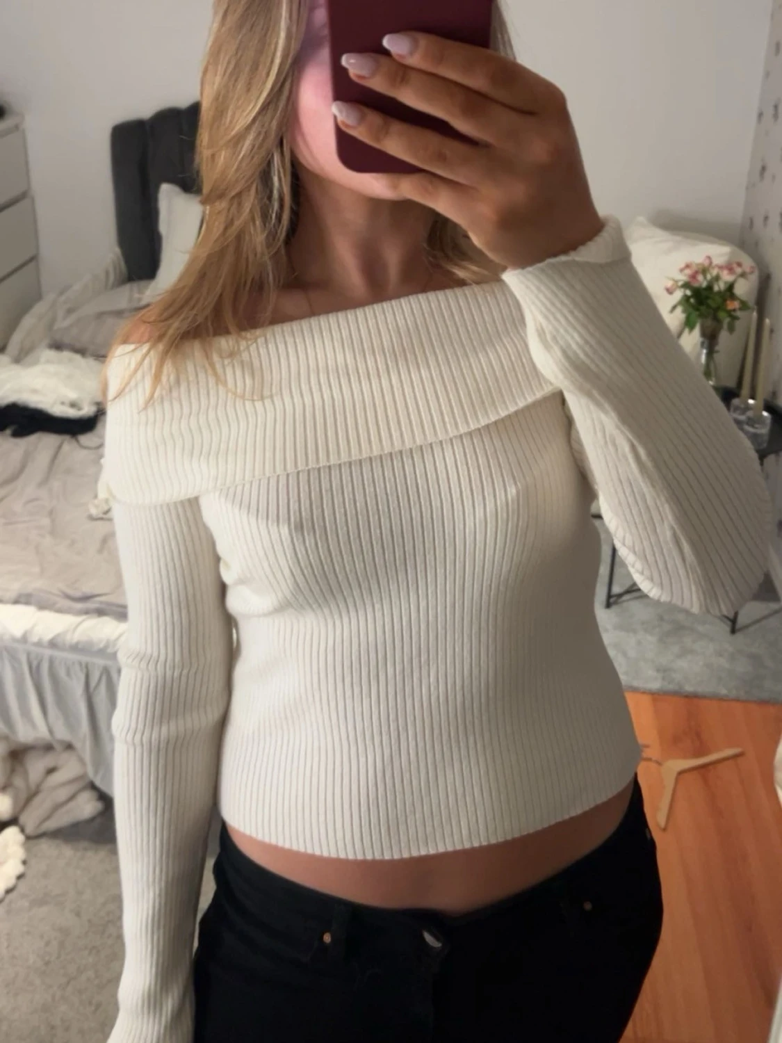 Vit ribbad offshoulder topp