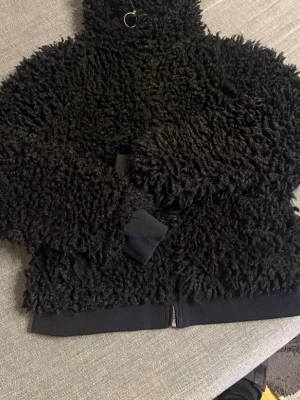 Svart teddyjacka från BikBok - Mysig svart teddyjacka från BikBok i storlek XS. Jackan har fluffigt, lockigt material, hög krage med ringdetalj och muddar vid ärmsluten. Dragkedja framtill och mjukt innerfoder gör den perfekt för kyliga dagar.