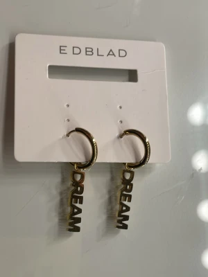 Guldiga örhängen EDBLAD DREAM - Snygga örhängen från EDBLAD i guldfärgad metall med texten DREAM som hänge. Runda hoops med modern och stilren design, perfekta för dig som vill ha något unikt och trendigt. Passar till alla tillfällen och ger en cool touch till din outfit.skriv för fler bilder, pris kan diskuteras!!💗💗