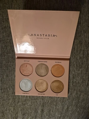 Anastasia Glow Kit highlighterpalett - Fin Glow Kit highlighterpalett från Anastasia Beverly Hills med sex skimrande nyanser: rosa, silver, champagne, guld och brons. Paletten har rundade pans i en ljusrosa kartongförpackning.  Perfekt för att skapa en glowy look.  Den är Swatchad, och de är ett "jack " i en av skuggorna. En fin palett i fint skick.