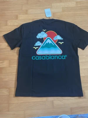 Svart Casablanca t-shirt med tryck - Svart t-shirt från Casablanca med färgglatt grafiskt tryck av berg, sol och moln på ryggen samt mindre tryck på bröstet. Klassisk passform och rund halsringning. Perfekt för dig som gillar streetwear och snygga prints.