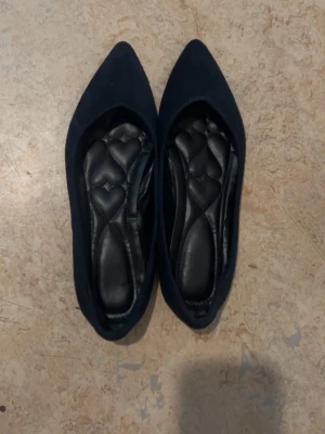 Mörkblå spetsiga ballerinaskor - Säljer ett par mörkblå ballerinaskor med spetsig tå och quiltad innersula med hjärtmönster. Skorna har en elegant och stilren design, och är tillverkade i ett mjukt material som ger en bekväm känsla. Perfekta för dig som gillar klassiska och trendiga skor.