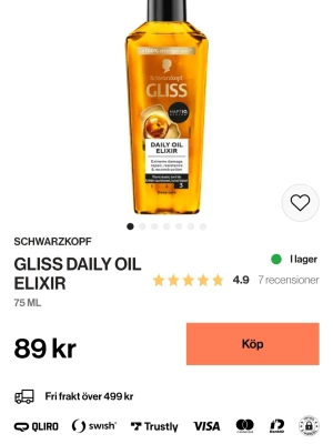 Schwarzkopf Gliss Daily Oil Elixir - Gliss Daily Oil Elixir från Schwarzkopf är en närande hårolja i en transparent, gyllengul plastflaska med svart pump. Elixiret är utvecklat för att ge extra styrka och återuppbygga skadat hår. Innehåller 75 ml och passar för daglig användning.