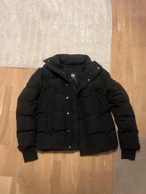Svart pufferjacka från Canada Goose - Säljer en svart pufferjacka från Canada Goose med hög krage och ribbade muddar. Jackan har en klassisk quiltad design, tryckknappar och dragkedja framtill samt logotyp på ärmen. Perfekt för kalla vinterdagar och riktigt varm.