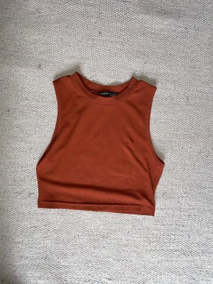 Rostbrun ribbad croppad linnetopp - Säljer en croppad linnetopp från SHEIN i en snygg rostbrun färg. Toppen är ribbad, ärmlös och har en hög halsringning. Perfekt att matcha med höga jeans eller kjol för en trendig look.
