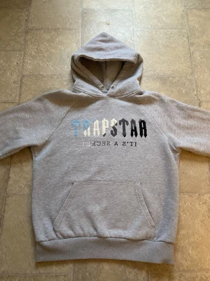 Grå Trapstar hoodie med tryck - Säljer en grå hoodie från Trapstar med stor broderad logga i blått, vitt, grått och svart på bröstet samt texten 'IT'S A SECRET' under. Hoodien har huva med dragsko och en stor magficka. 