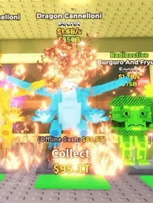 Dragon Cannelloni Roblox-spel - Dragon Cannelloni är en hemlig karaktär i ett Roblox-spel, med en blå och vit drakdesign och eldiga effekter runt sig. Spelet har färgglada, blockiga figurer och tydliga pengasummor som samlas in. Perfekt för dig som gillar simulatorspel och digitala drakar.